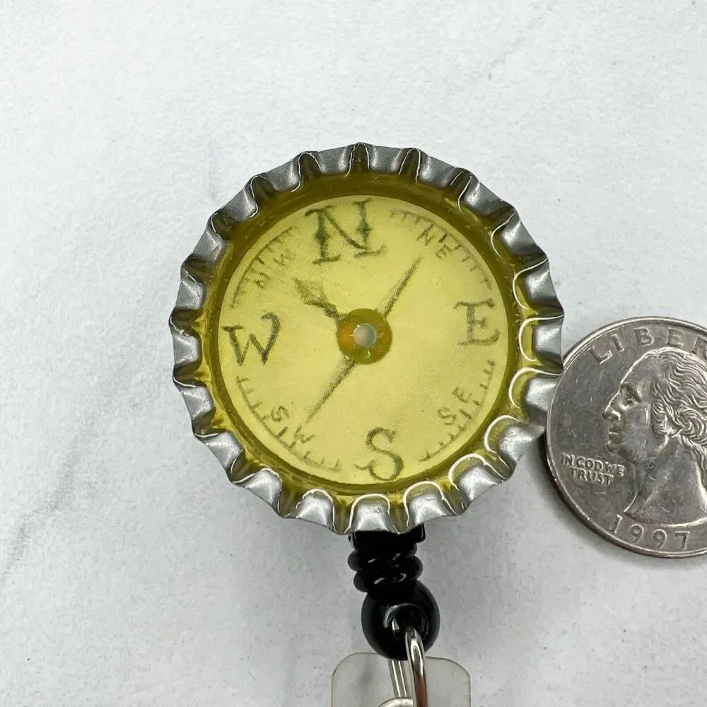 Bottle Cap Rhinestone Faux Compass Retractable Badge ID Holder